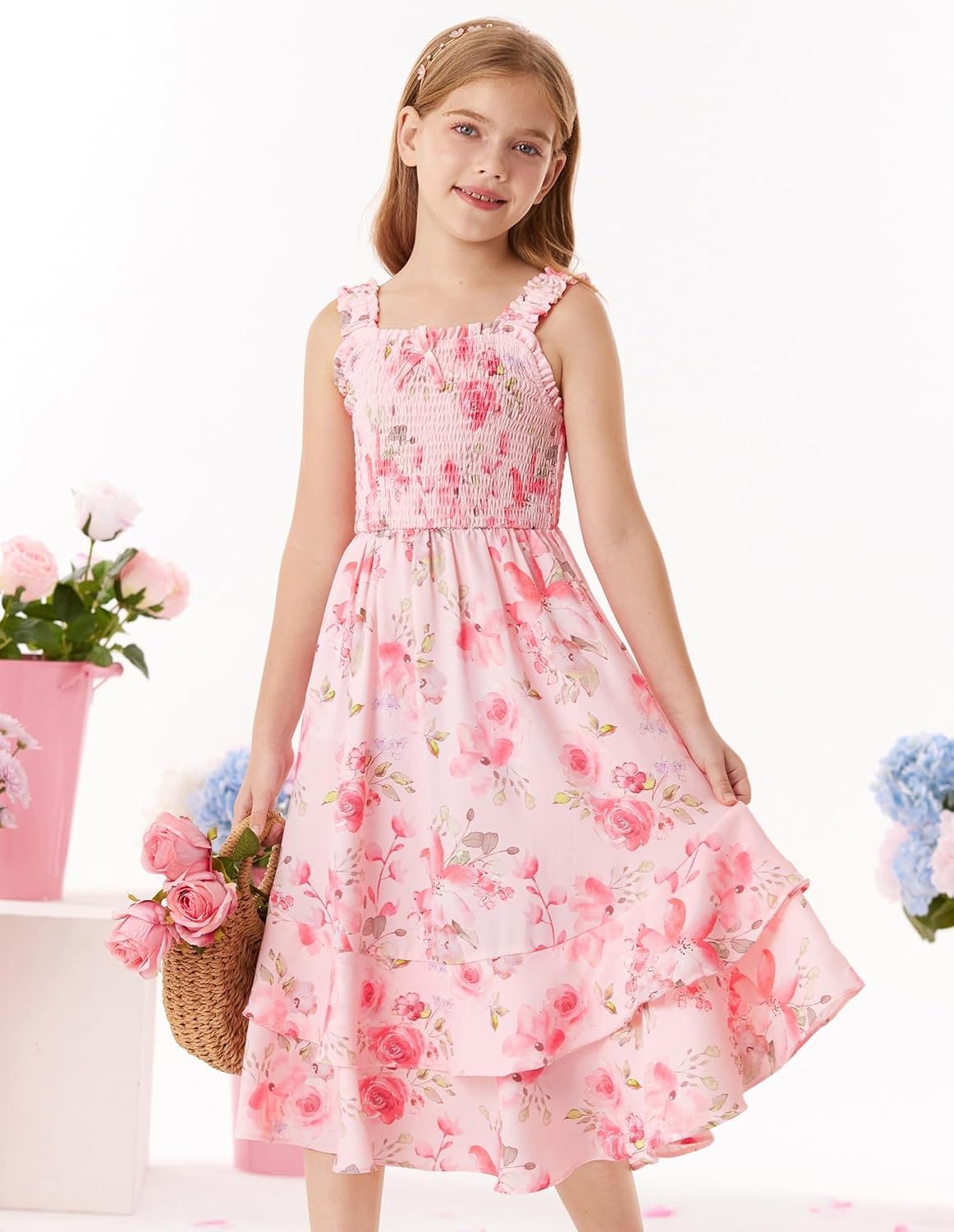 image:imageGRACE KARIN Girls Hawaiian Tropical Maxi Dress Floral Summer Beach SundressLight Pink Floral