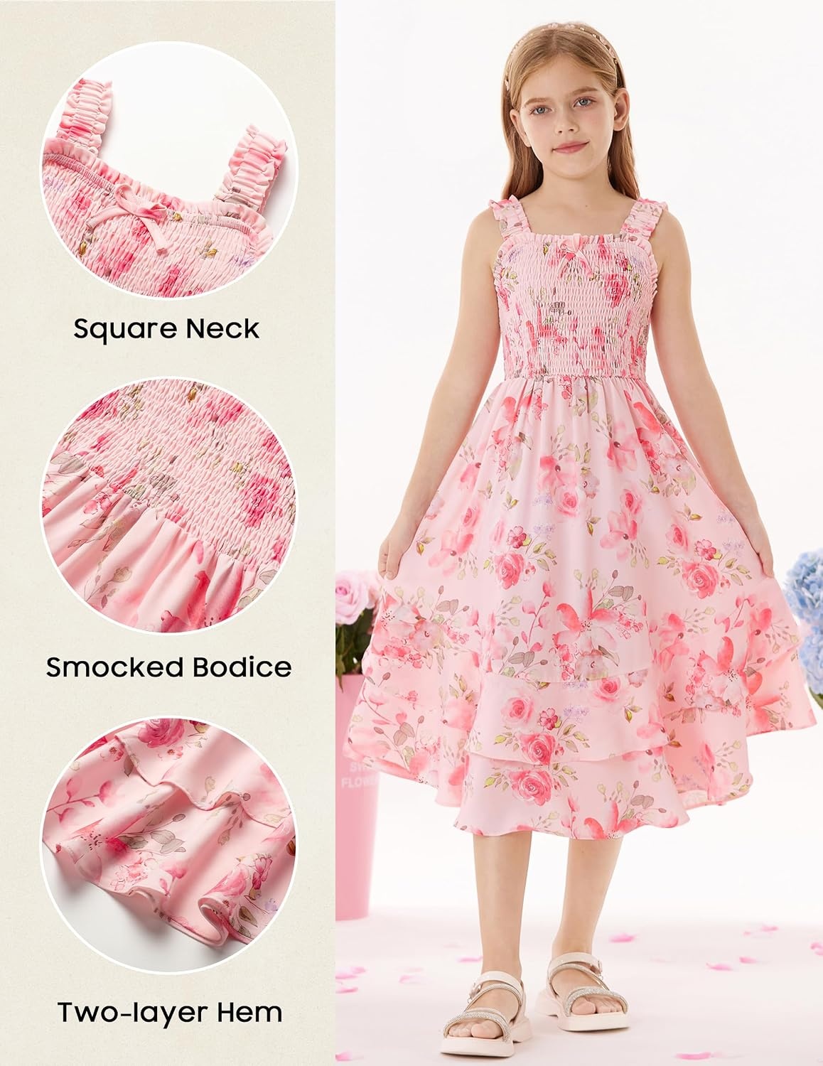 image:imageGRACE KARIN Girls Hawaiian Tropical Maxi Dress Floral Summer Beach SundressLight Pink Floral