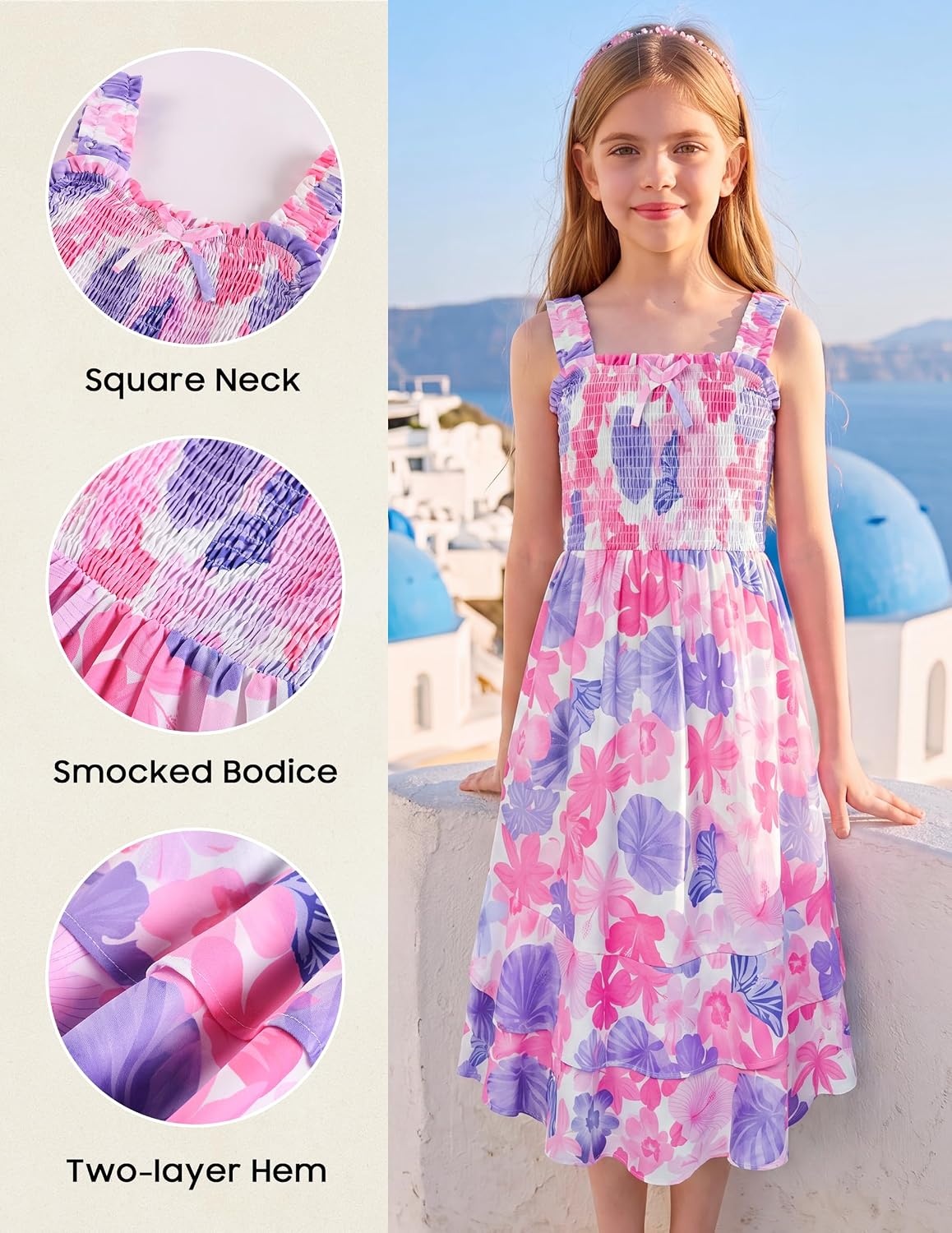image:imageGRACE KARIN Girls Hawaiian Tropical Maxi Dress Floral Summer Beach SundressPink Purple Tropical