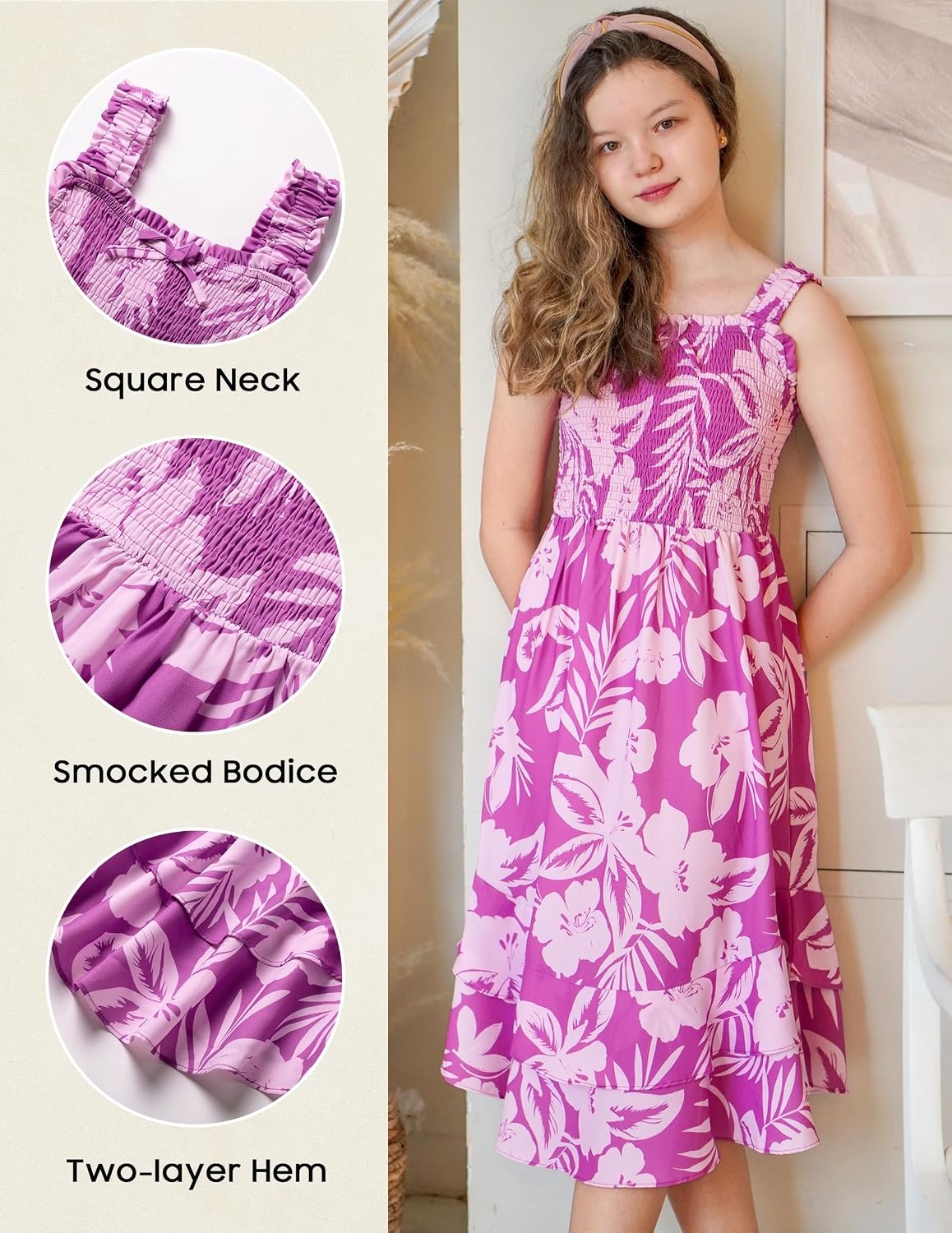 image:imageGRACE KARIN Girls Hawaiian Tropical Maxi Dress Floral Summer Beach SundressPurple Floral