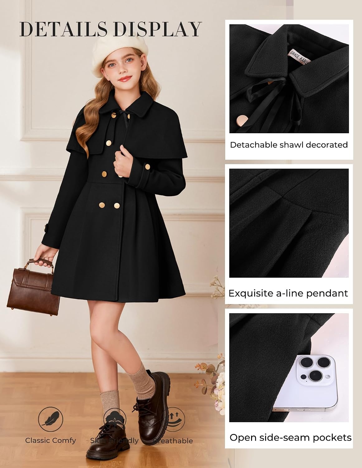 image:imageGRACE KARIN Girls Winter Wool Peacoat Coat Jacket Detachable Capelet 714Black