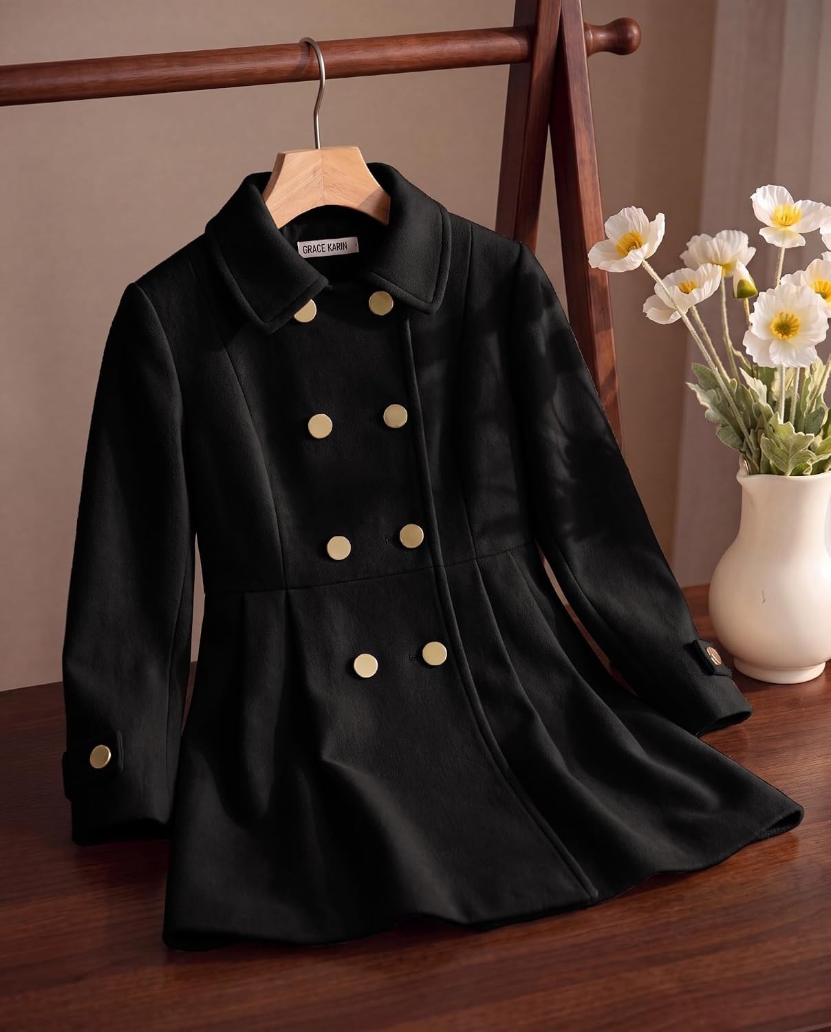 image:imageGRACE KARIN Girls Winter Wool Peacoat Coat Jacket Detachable Capelet 714Black