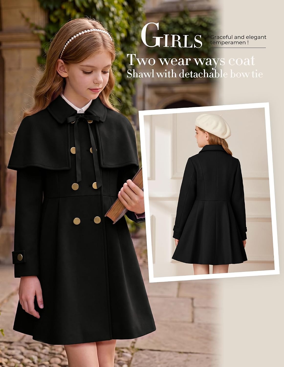 image:imageGRACE KARIN Girls Winter Wool Peacoat Coat Jacket Detachable Capelet 714Black
