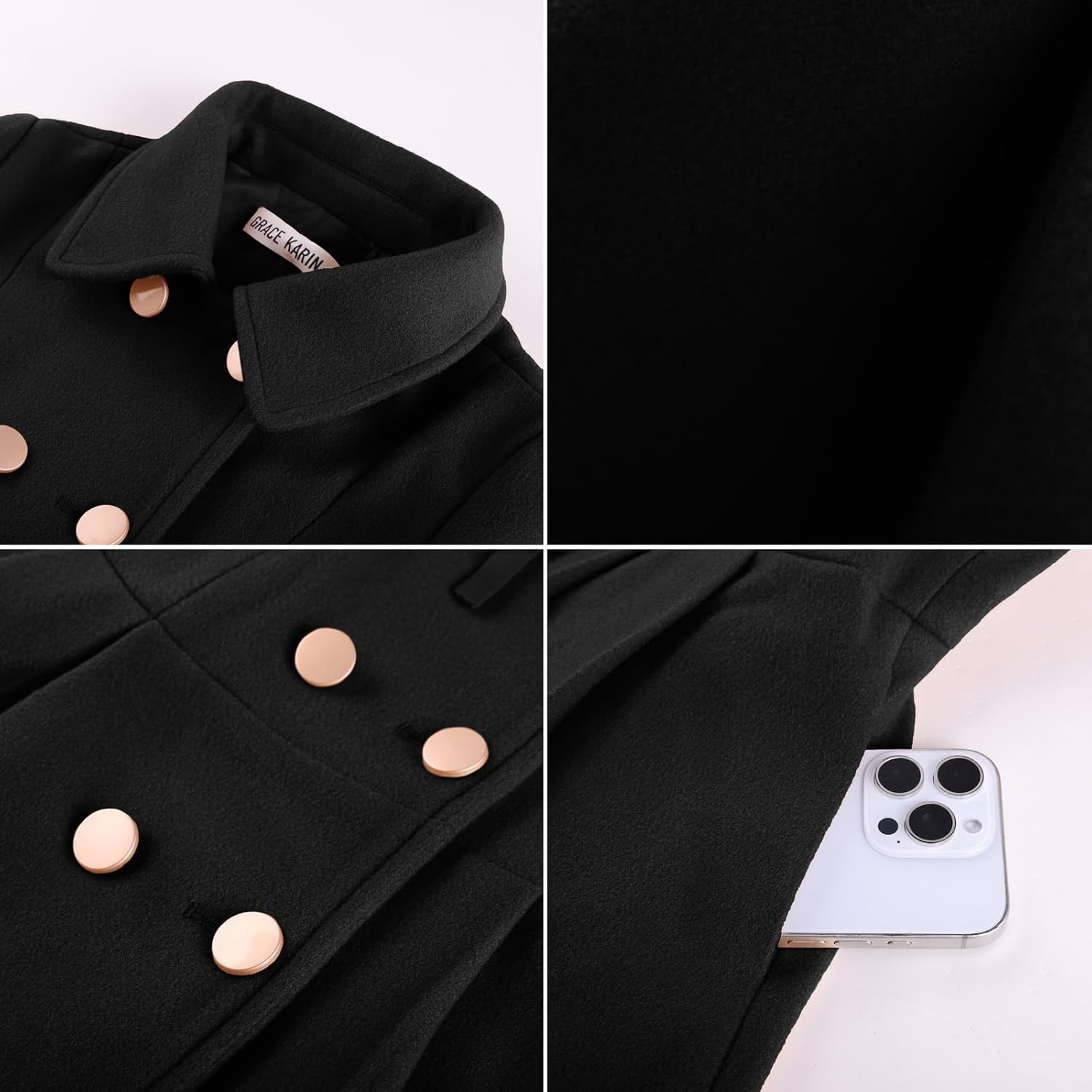 image:imageGRACE KARIN Girls Winter Wool Peacoat Coat Jacket Detachable Capelet 714Black