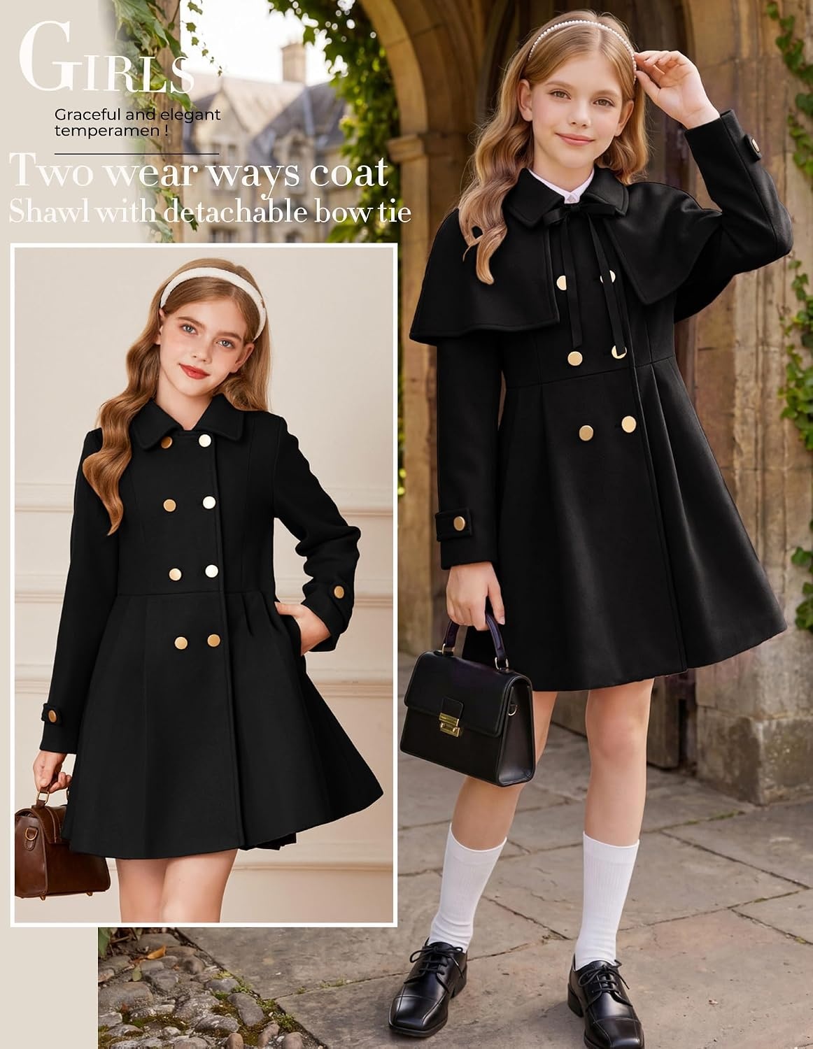 image:imageGRACE KARIN Girls Winter Wool Peacoat Coat Jacket Detachable Capelet 714Black