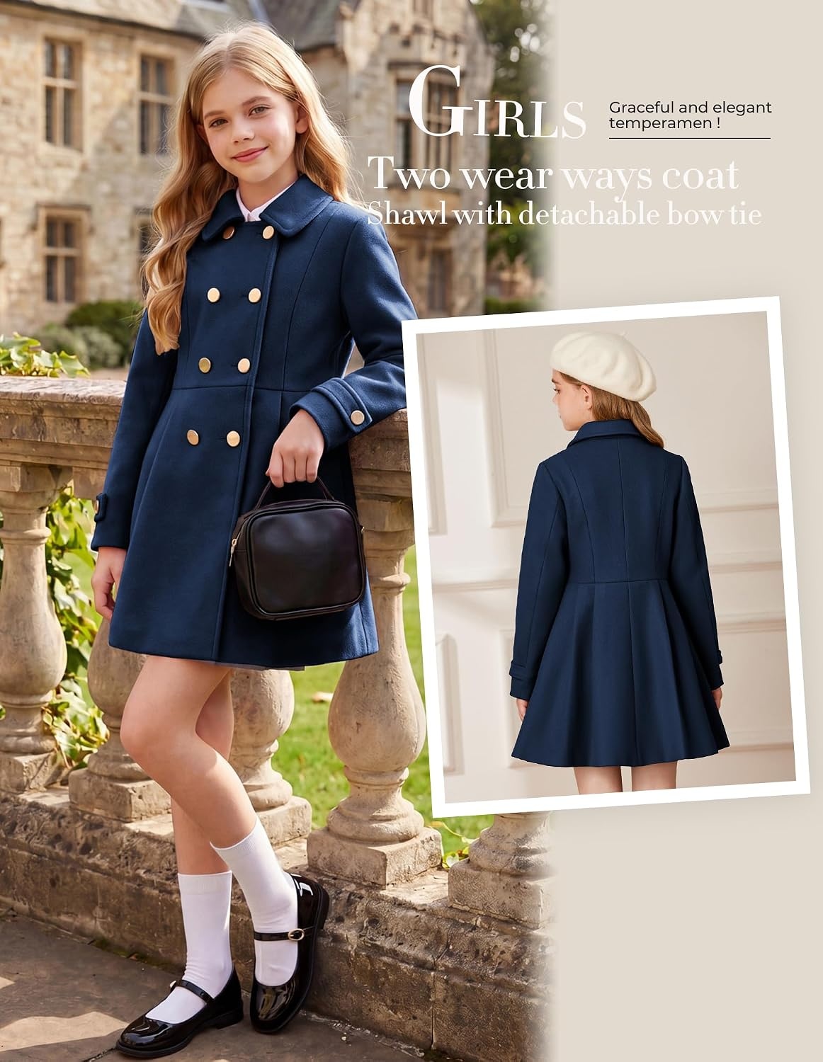 image:imageGRACE KARIN Girls Winter Wool Peacoat Coat Jacket Detachable Capelet 714Navy