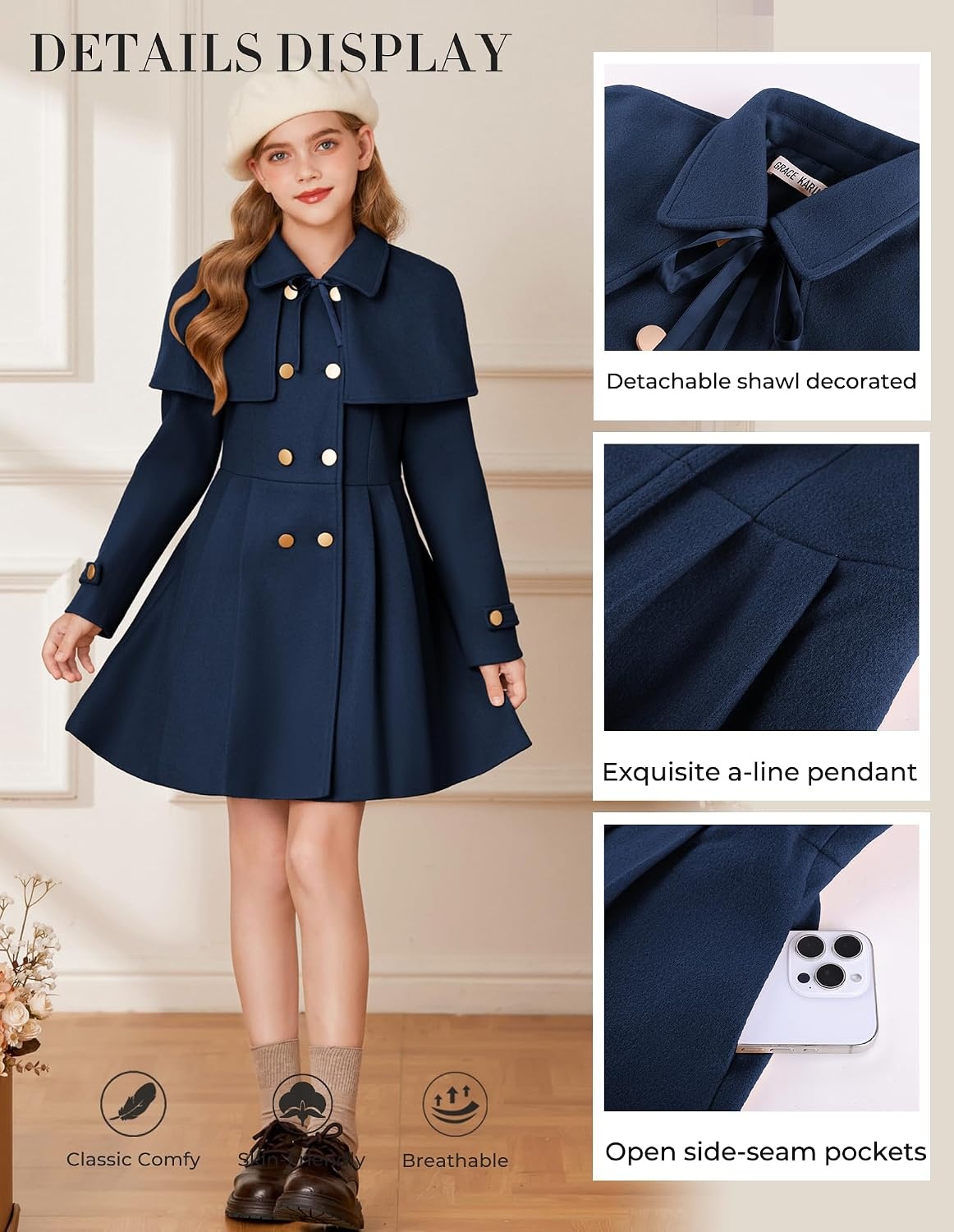 image:imageGRACE KARIN Girls Winter Wool Peacoat Coat Jacket Detachable Capelet 714Navy
