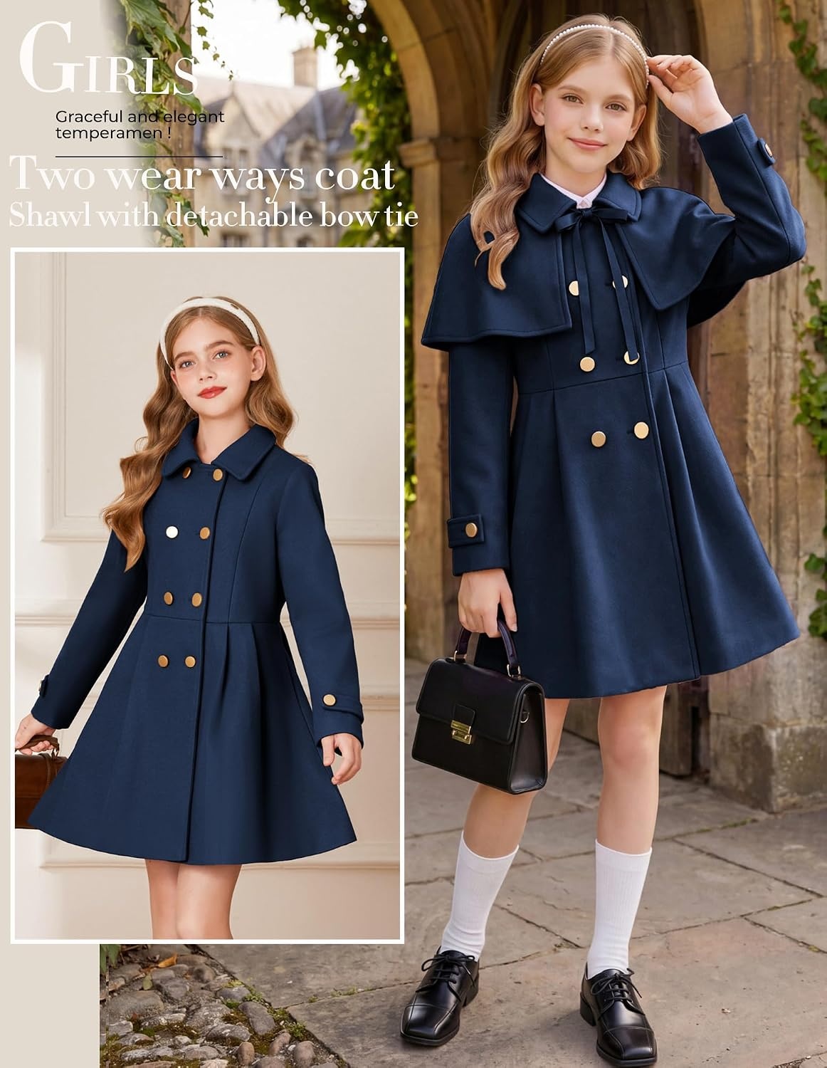 image:imageGRACE KARIN Girls Winter Wool Peacoat Coat Jacket Detachable Capelet 714Navy