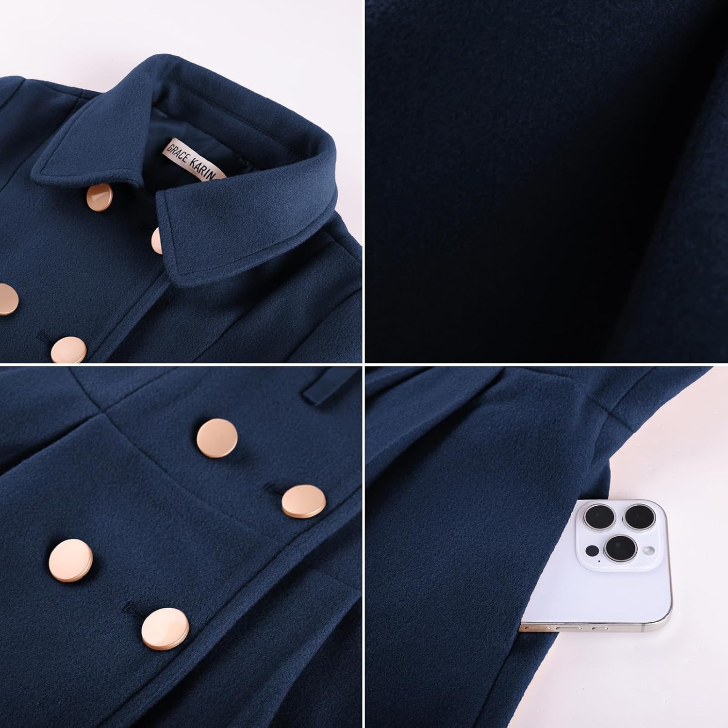 image:imageGRACE KARIN Girls Winter Wool Peacoat Coat Jacket Detachable Capelet 714Navy