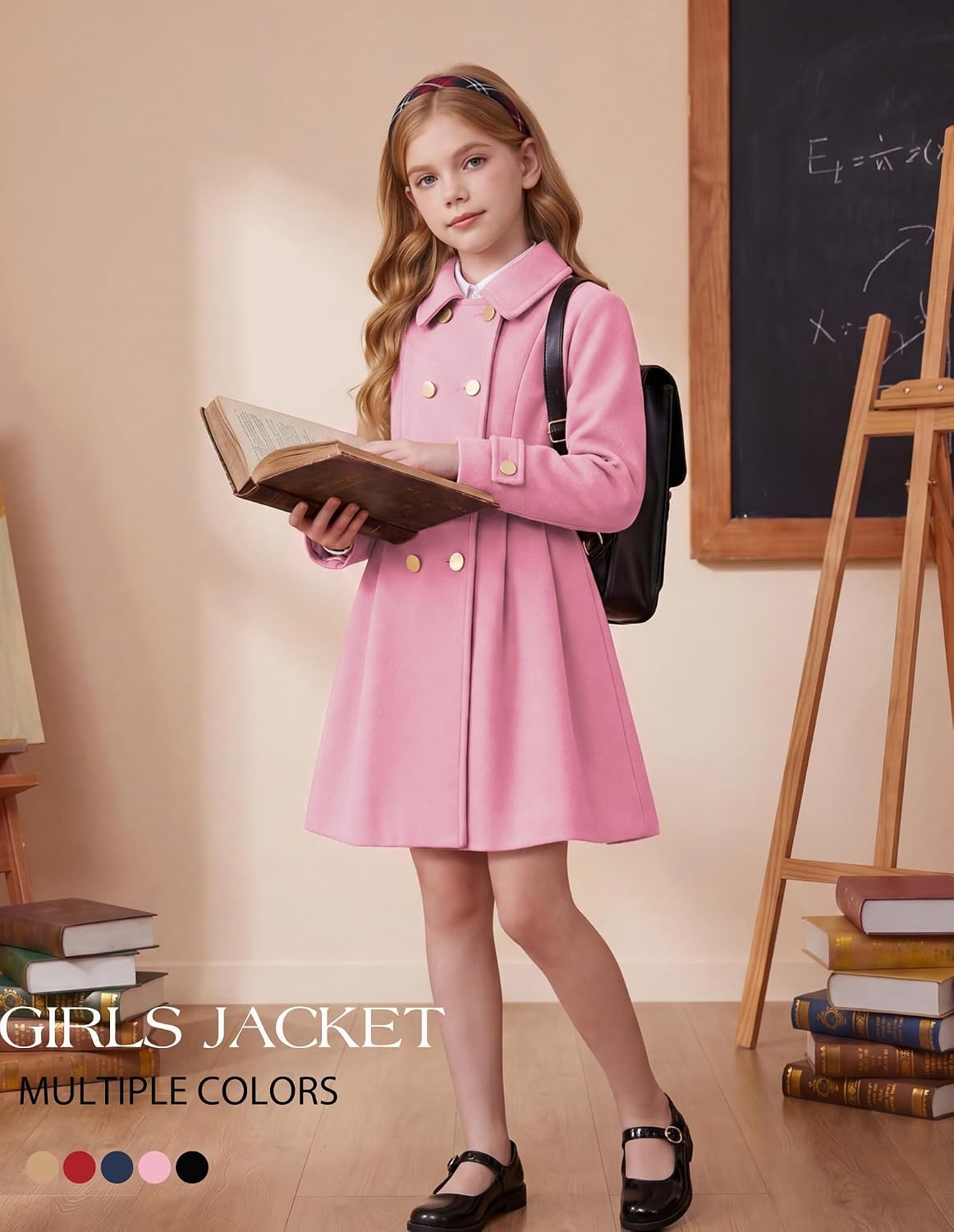 image:imageGRACE KARIN Girls Winter Wool Peacoat Coat Jacket Detachable Capelet 714Pink