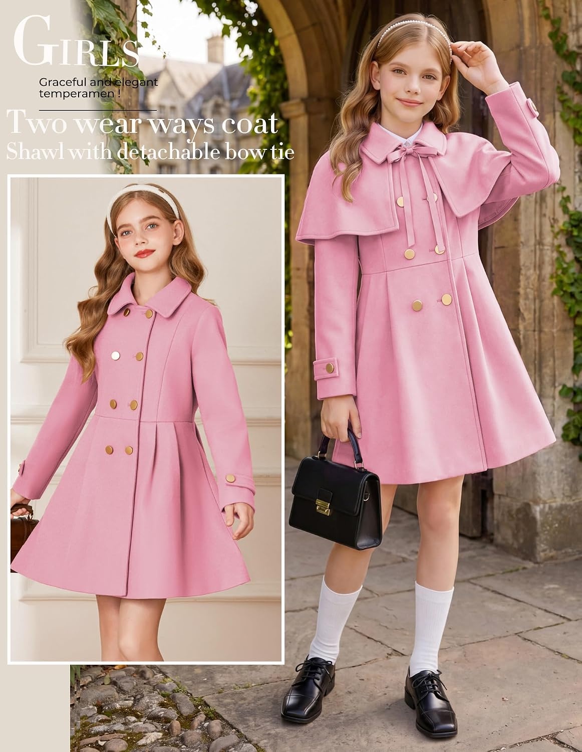 image:imageGRACE KARIN Girls Winter Wool Peacoat Coat Jacket Detachable Capelet 714Pink