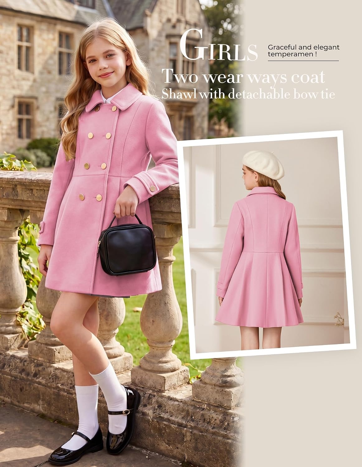 image:imageGRACE KARIN Girls Winter Wool Peacoat Coat Jacket Detachable Capelet 714Pink