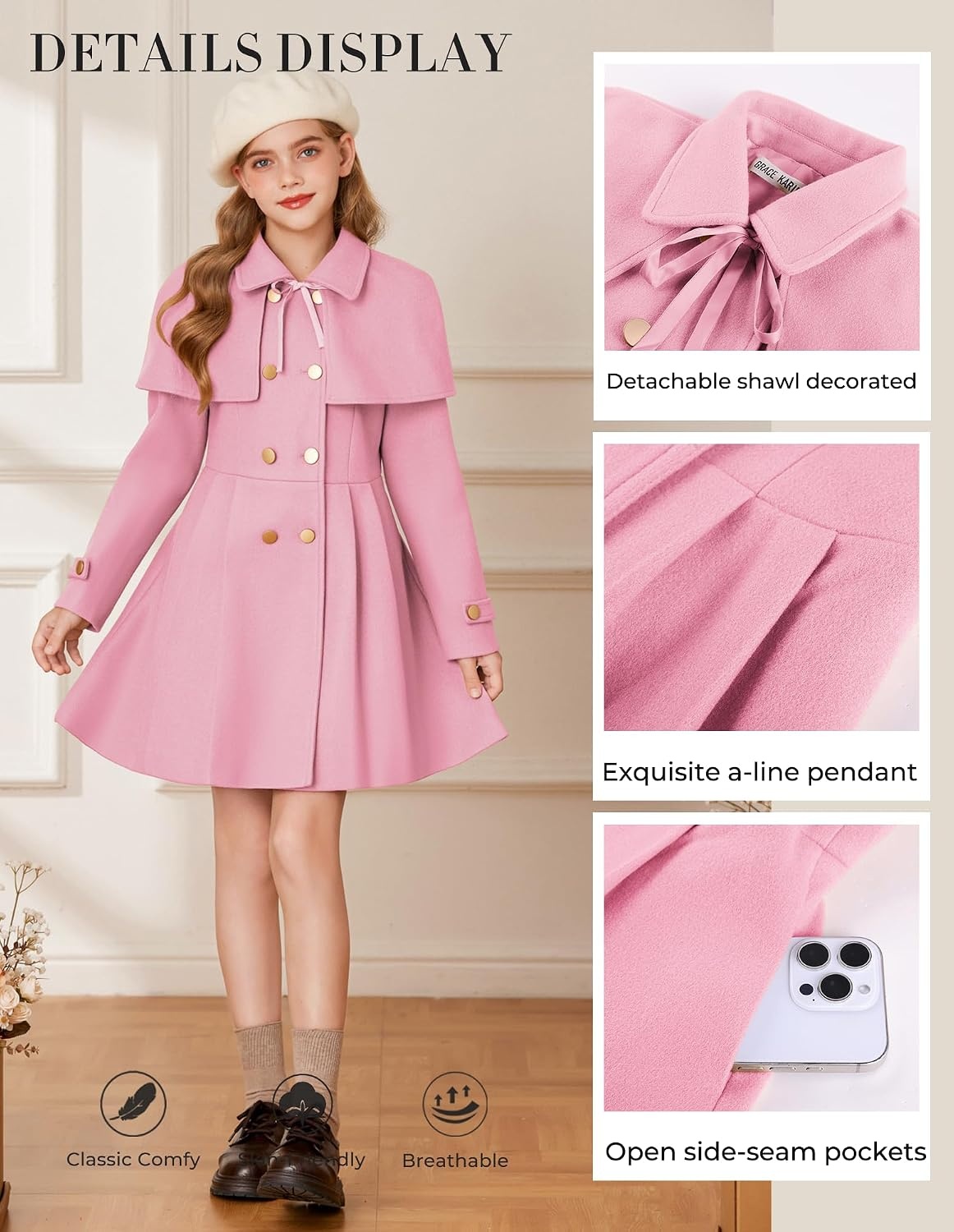 image:imageGRACE KARIN Girls Winter Wool Peacoat Coat Jacket Detachable Capelet 714Pink