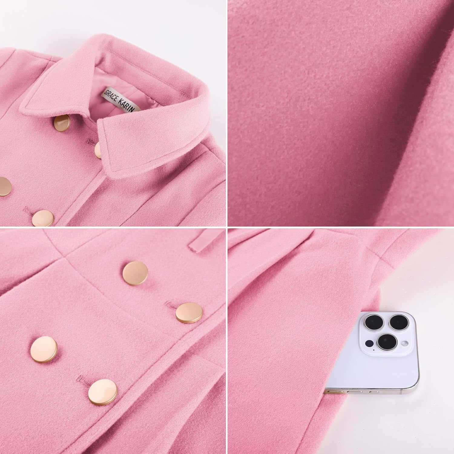 image:imageGRACE KARIN Girls Winter Wool Peacoat Coat Jacket Detachable Capelet 714Pink
