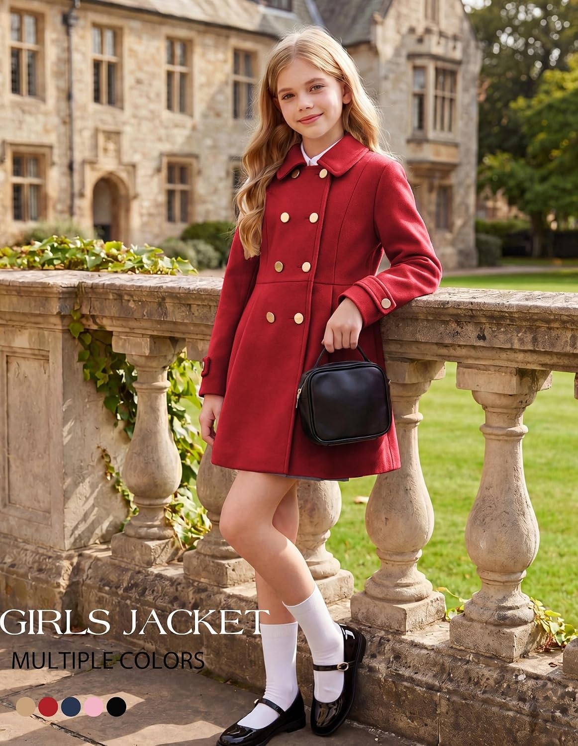 image:imageGRACE KARIN Girls Winter Wool Peacoat Coat Jacket Detachable Capelet 714Red