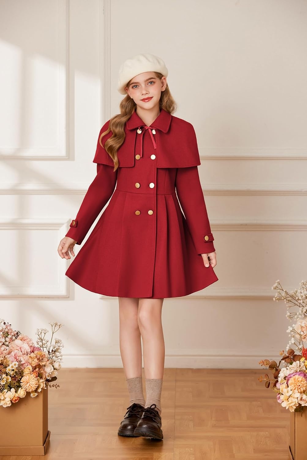 image:imageGRACE KARIN Girls Winter Wool Peacoat Coat Jacket Detachable Capelet 714Red