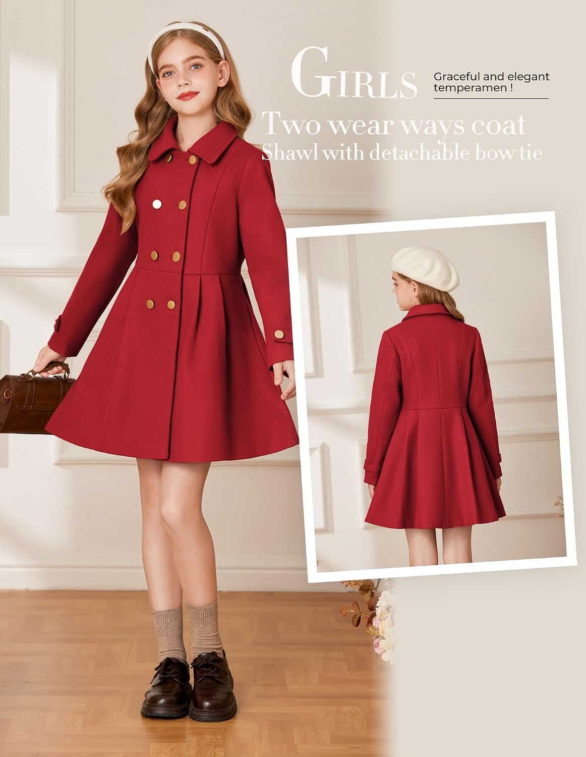 image:imageGRACE KARIN Girls Winter Wool Peacoat Coat Jacket Detachable Capelet 714Red