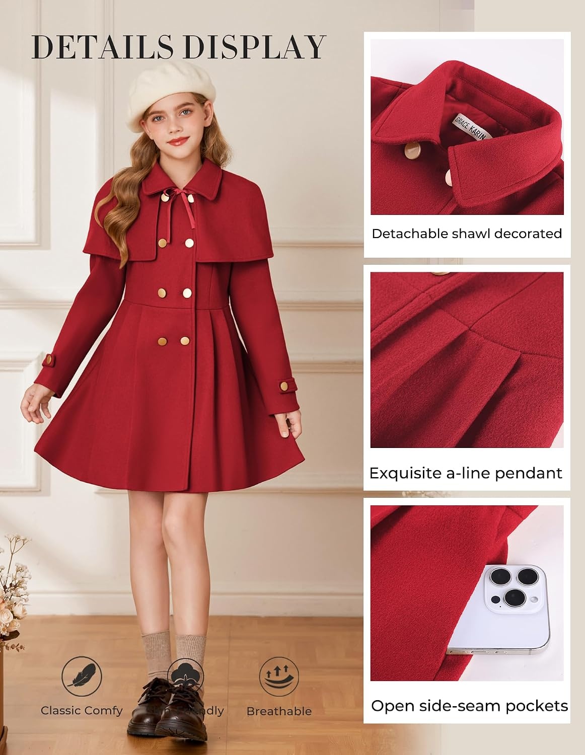 image:imageGRACE KARIN Girls Winter Wool Peacoat Coat Jacket Detachable Capelet 714Red