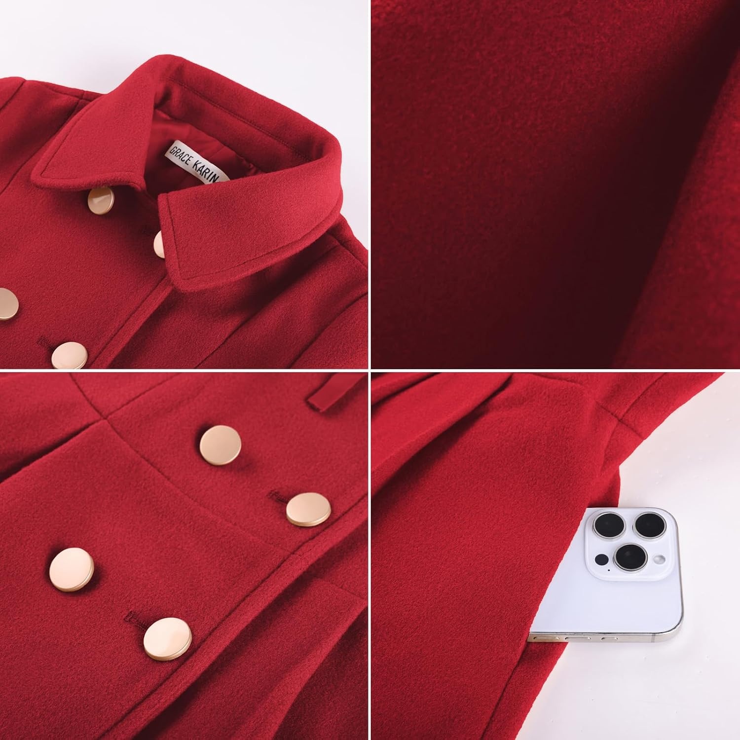 image:imageGRACE KARIN Girls Winter Wool Peacoat Coat Jacket Detachable Capelet 714Red