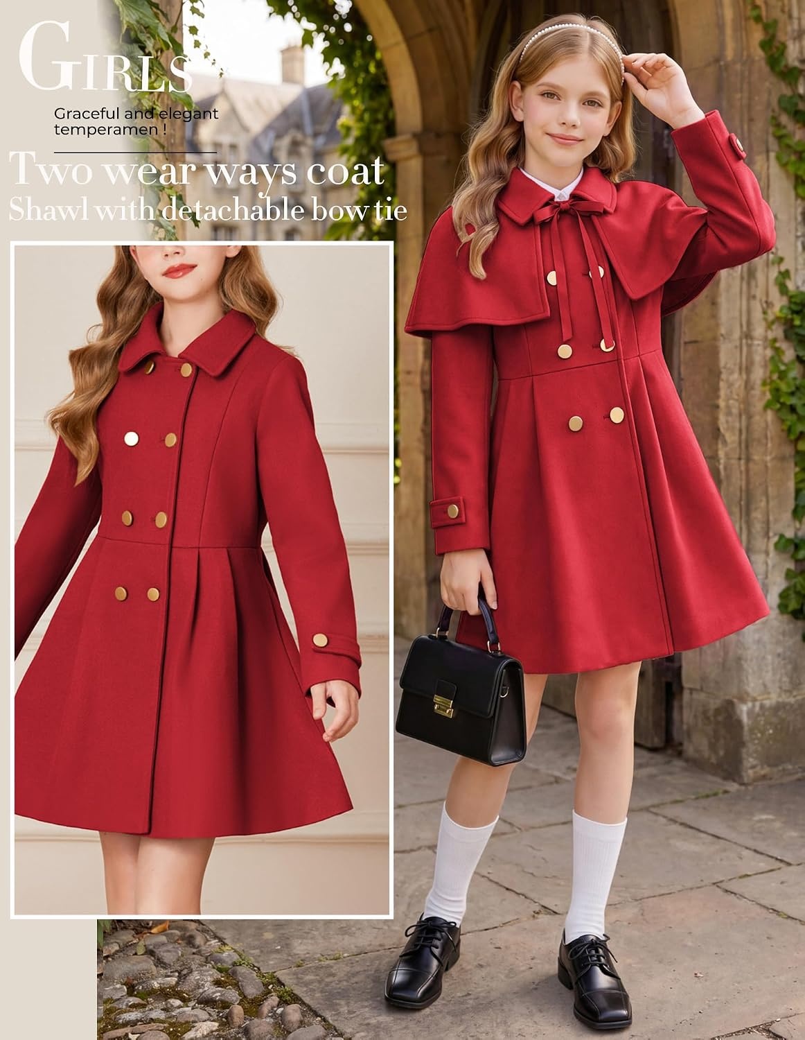 image:imageGRACE KARIN Girls Winter Wool Peacoat Coat Jacket Detachable Capelet 714Red