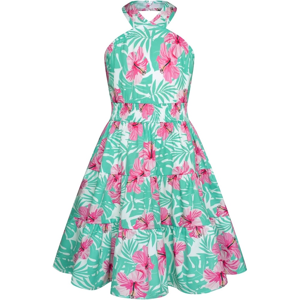 image:imageGRACE KARIN Girls Hawaiian Dresses Halter Tropical Beach Summer Dress 614YTeal Tropical