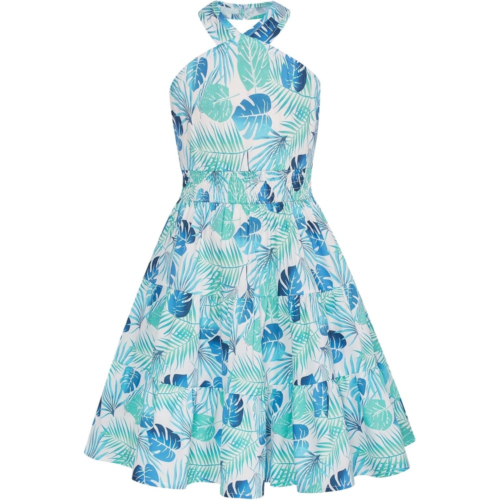 image:imageGRACE KARIN Girls Hawaiian Dresses Halter Tropical Beach Summer Dress 614YWhite and Teal