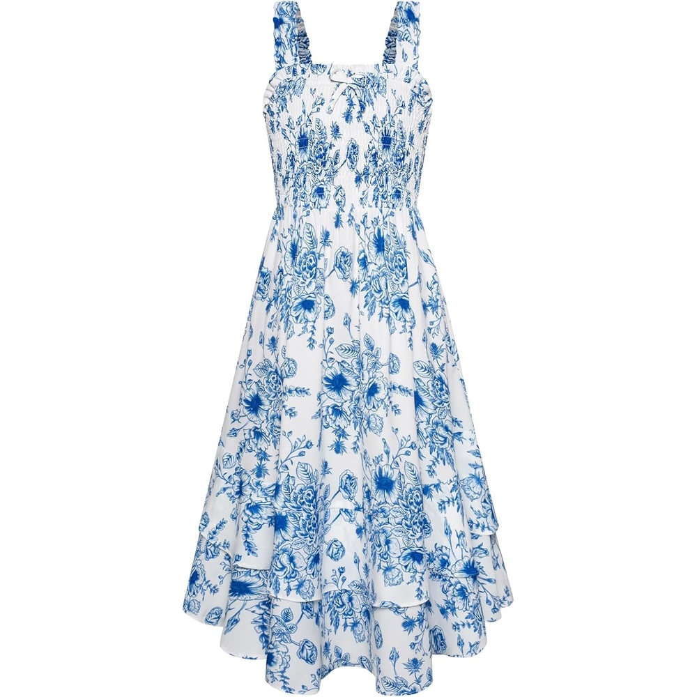 image:imageGRACE KARIN Girls Hawaiian Tropical Maxi Dress Floral Summer Beach SundressBlue White Floral