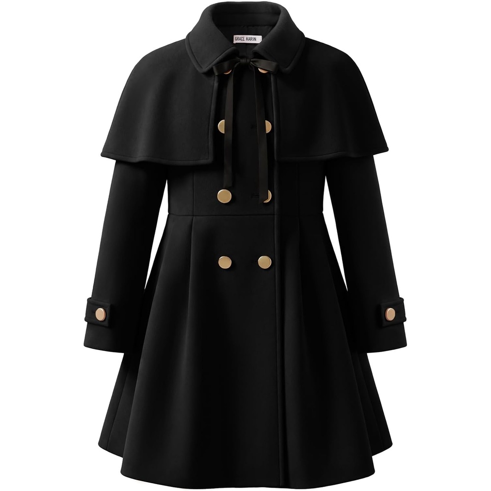 image:imageGRACE KARIN Girls Winter Wool Peacoat Coat Jacket Detachable Capelet 714Black