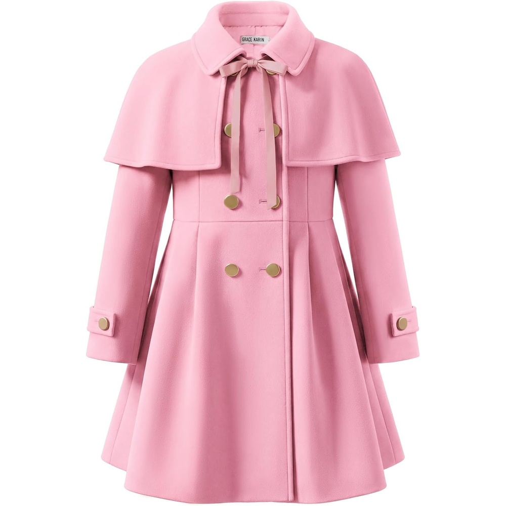 image:imageGRACE KARIN Girls Winter Wool Peacoat Coat Jacket Detachable Capelet 714Pink