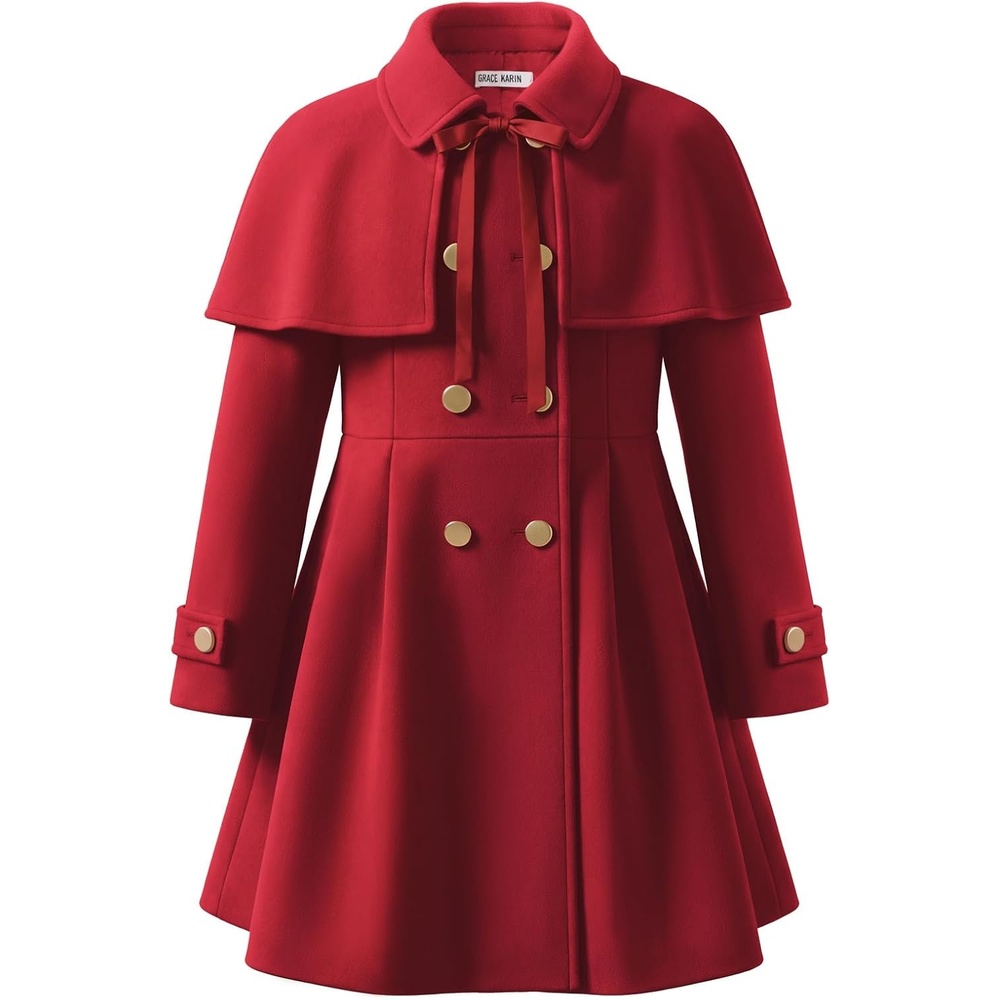 image:imageGRACE KARIN Girls Winter Wool Peacoat Coat Jacket Detachable Capelet 714Red