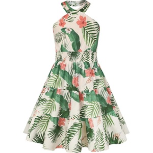 GRACE KARIN Girls Hawaiian Dresses Halter Tropical Beach Summer Dress 6-14Y(Beige Tropical)