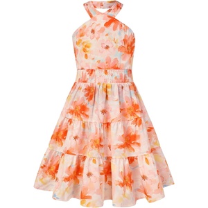 GRACE KARIN Girls Hawaiian Dresses Halter Tropical Beach Summer Dress 6-14Y(Orange Tropical)