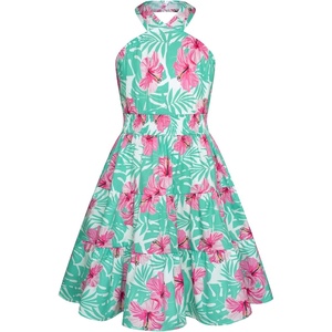 GRACE KARIN Girls Hawaiian Dresses Halter Tropical Beach Summer Dress 6-14Y(Teal Tropical)