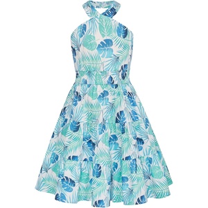GRACE KARIN Girls Hawaiian Dresses Halter Tropical Beach Summer Dress 6-14Y(White and Teal)