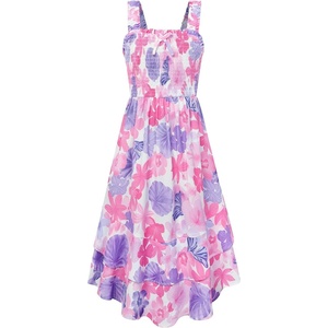 GRACE KARIN Girls Hawaiian Tropical Maxi Dress Floral Summer Beach Sundress(Pink Purple Tropical)