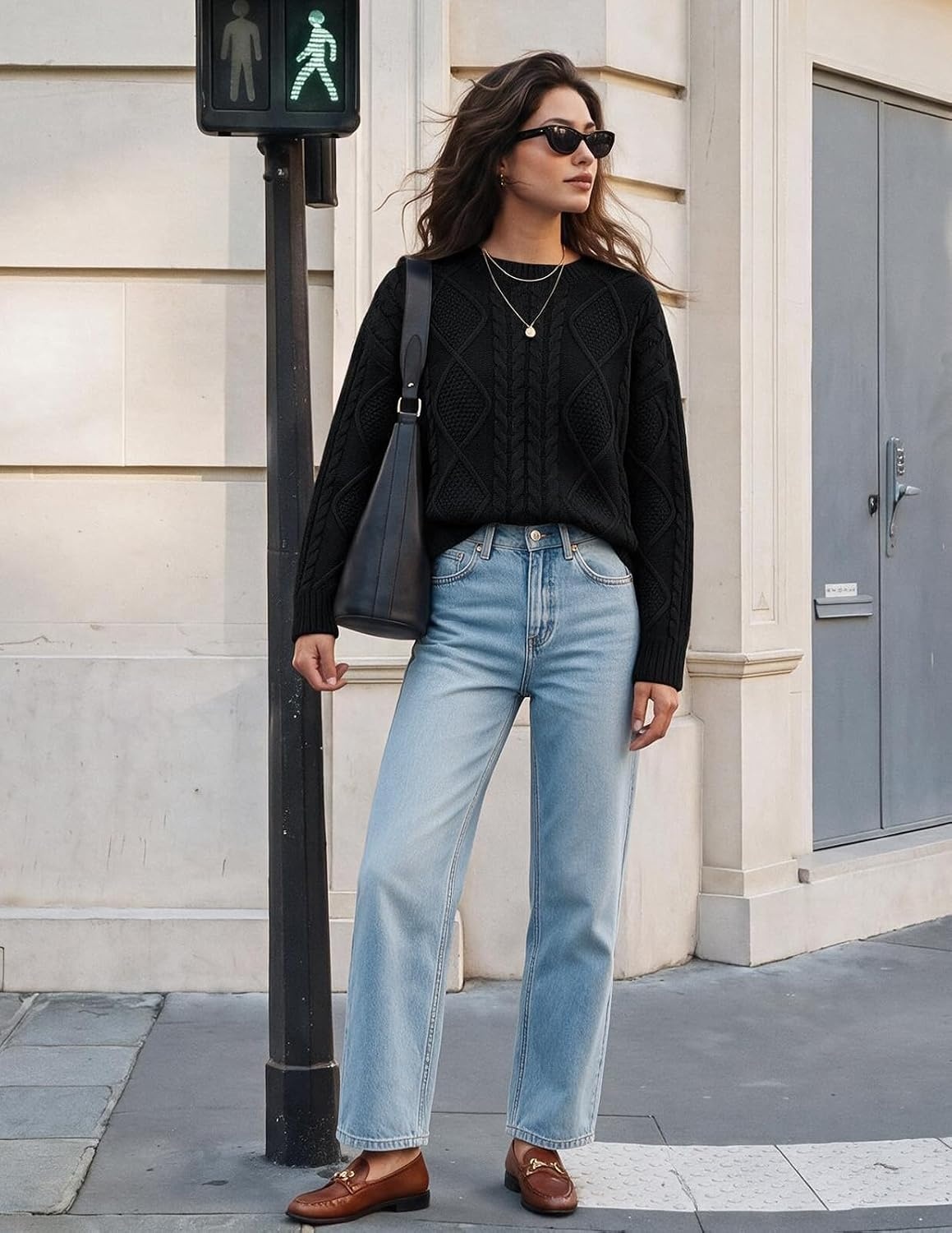 image:imageGRACE KARIN Cable Knit Sweaters for Women Oversized Fall Sweaters Cute TopsBlack