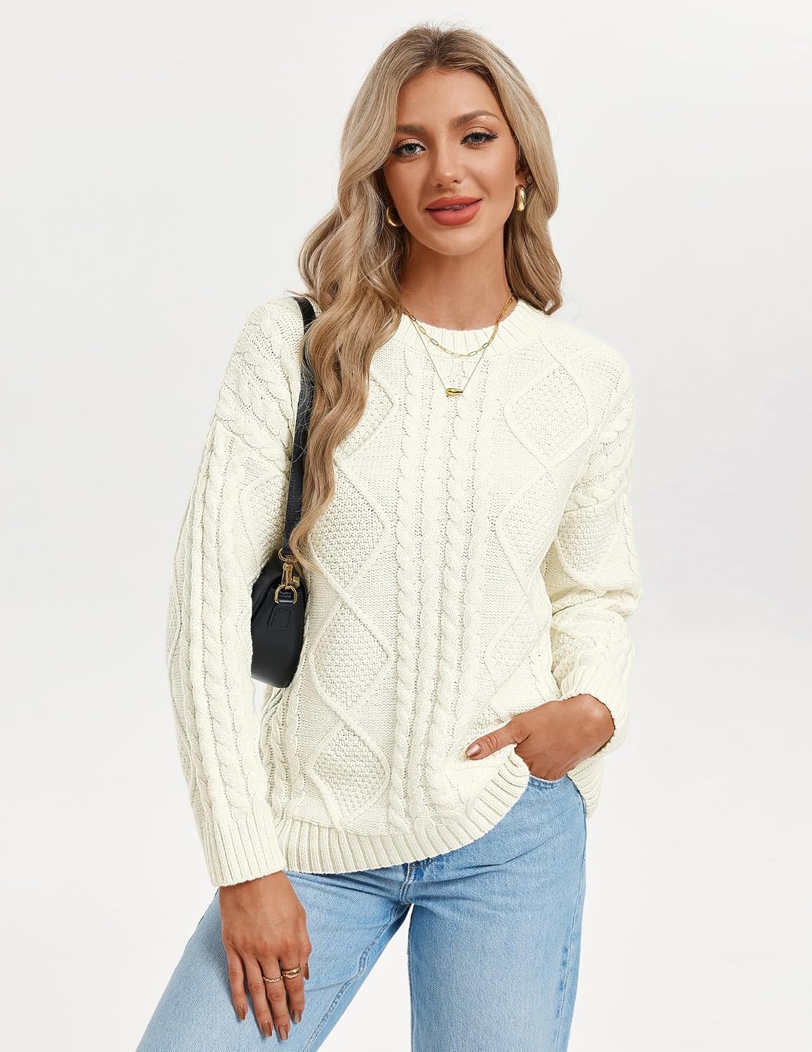 image:imageGRACE KARIN Cable Knit Sweaters for Women Oversized Fall Sweaters Cute TopsIvory White