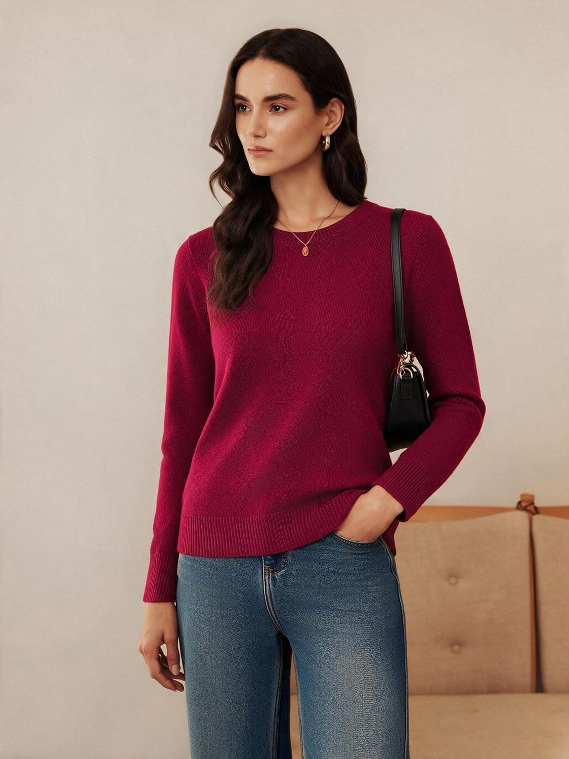 image:imageGRACE KARIN Cashmere Sweaters for Women Crewneck Merino Wool Fall SweaterDark Red