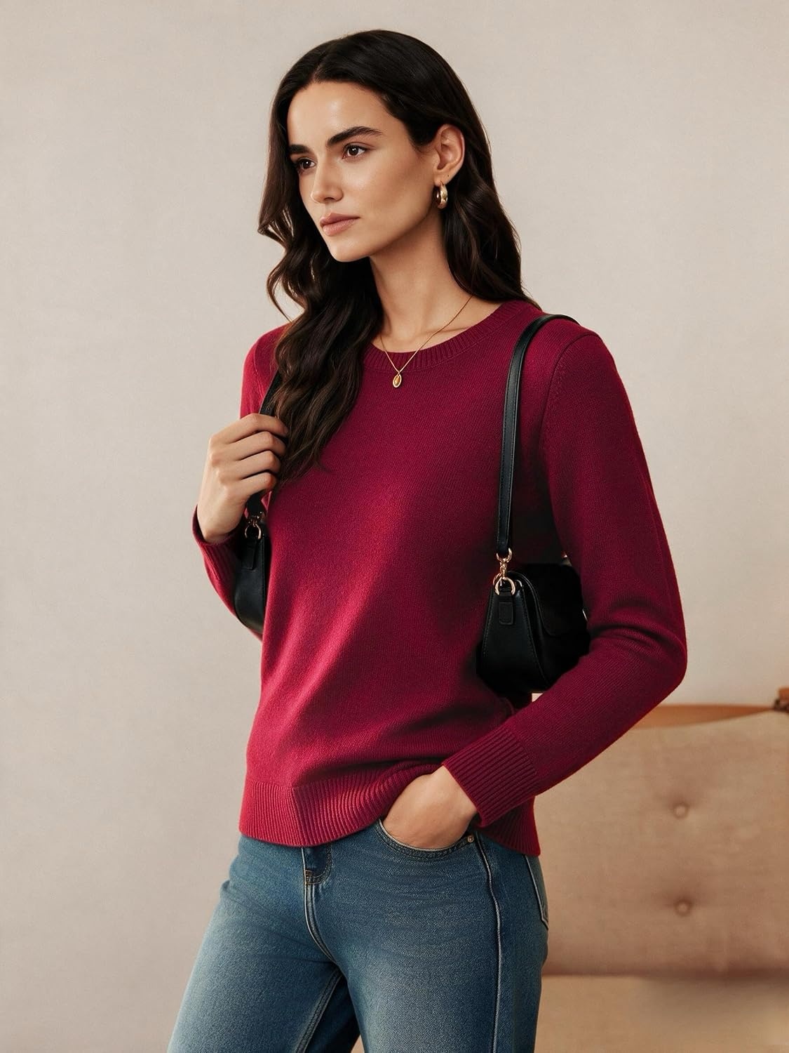 image:imageGRACE KARIN Cashmere Sweaters for Women Crewneck Merino Wool Fall SweaterDark Red