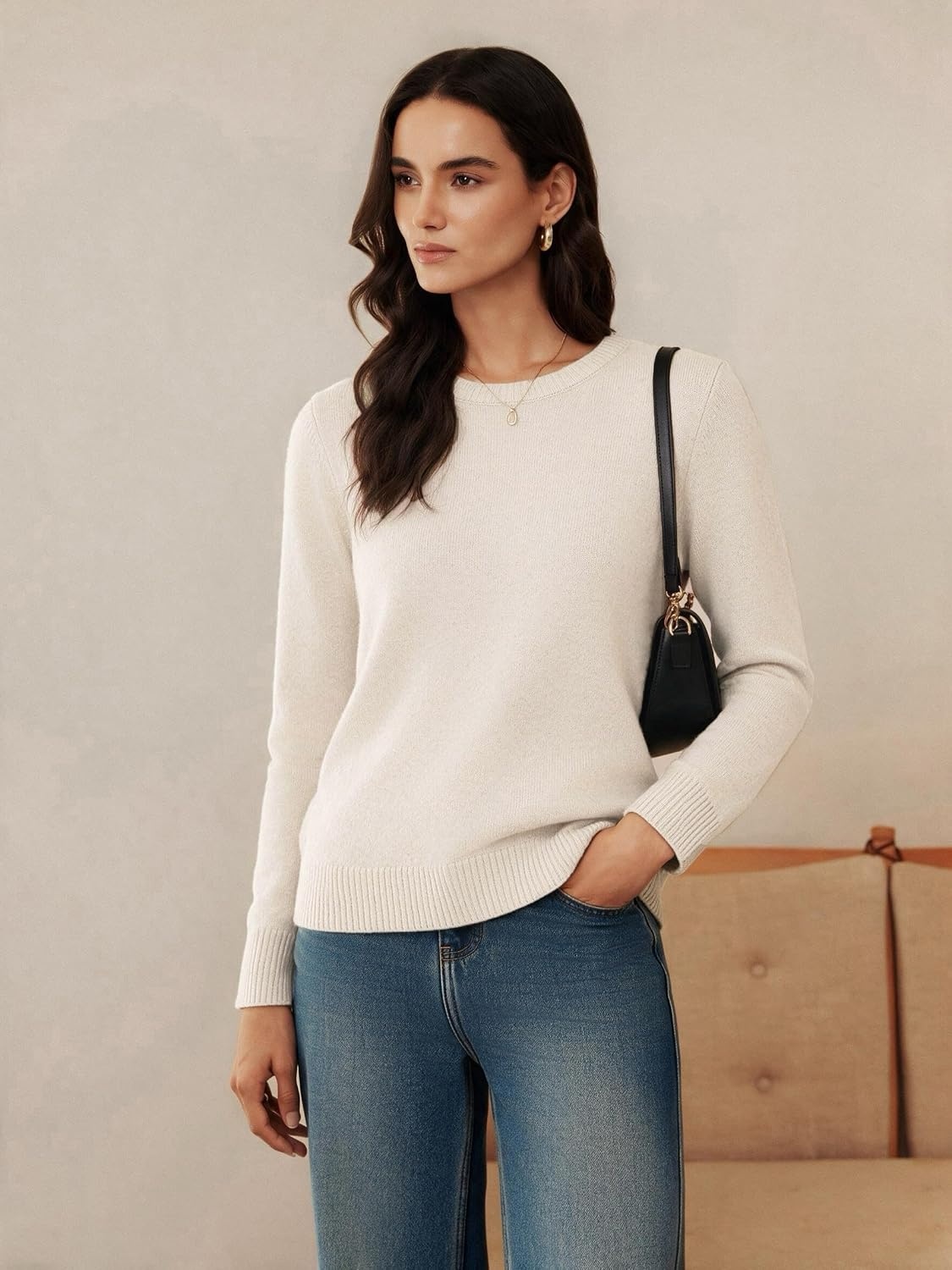 image:imageGRACE KARIN Cashmere Sweaters for Women Crewneck Merino Wool Fall SweaterIvory White
