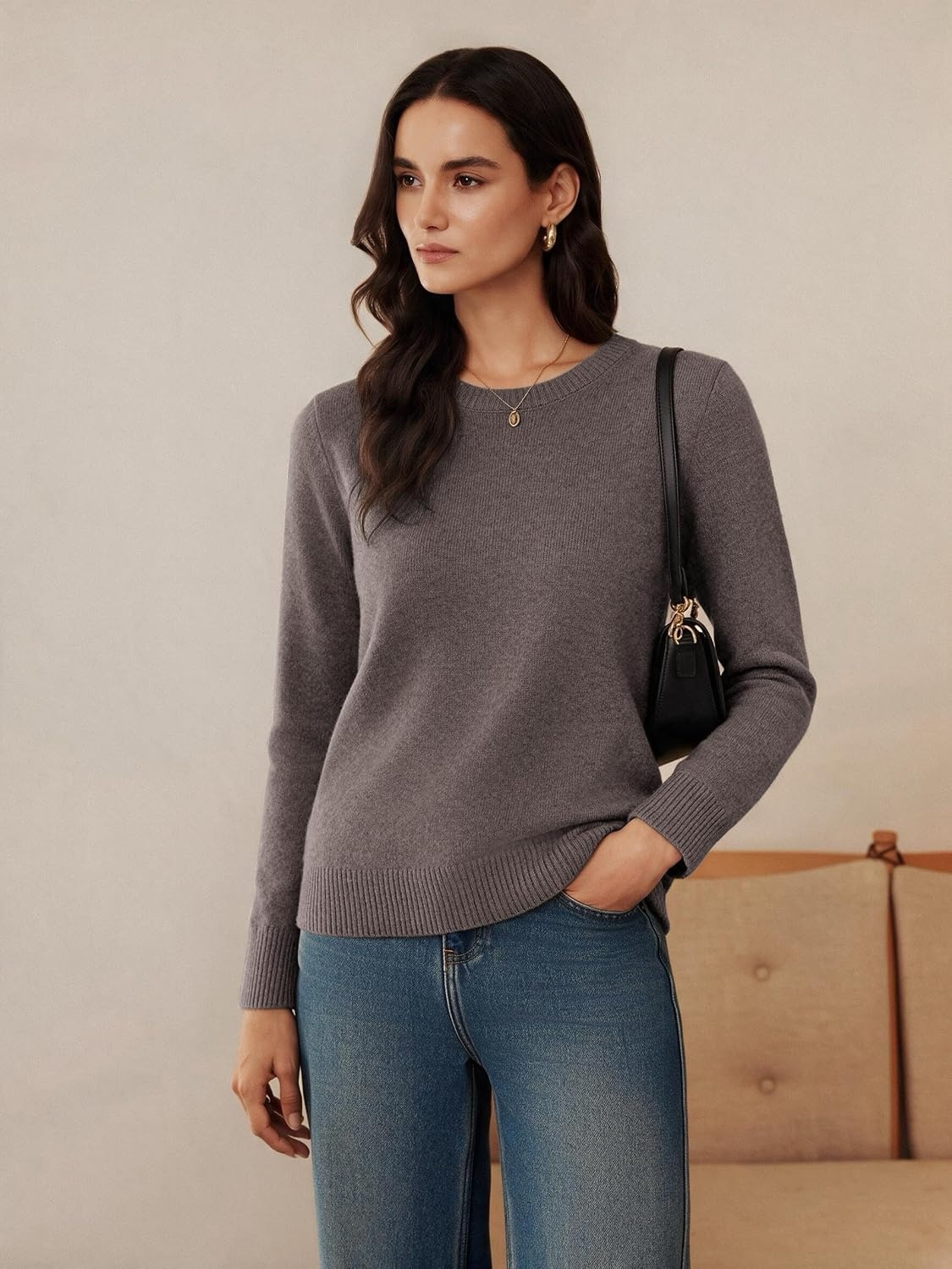 image:imageGRACE KARIN Cashmere Sweaters for Women Crewneck Merino Wool Fall SweaterLight Brown