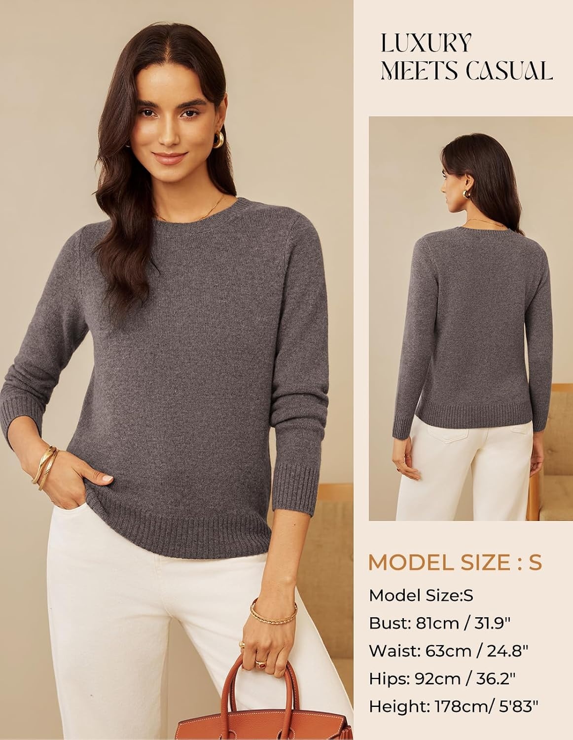 image:imageGRACE KARIN Cashmere Sweaters for Women Crewneck Merino Wool Fall SweaterLight Brown