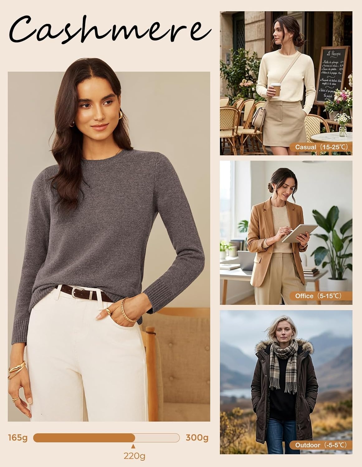 image:imageGRACE KARIN Cashmere Sweaters for Women Crewneck Merino Wool Fall SweaterLight Brown