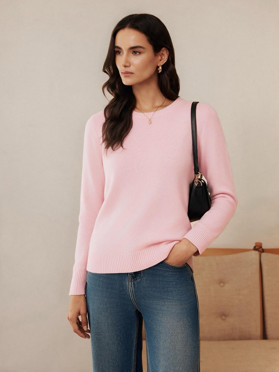 image:imageGRACE KARIN Cashmere Sweaters for Women Crewneck Merino Wool Fall SweaterLight Pink