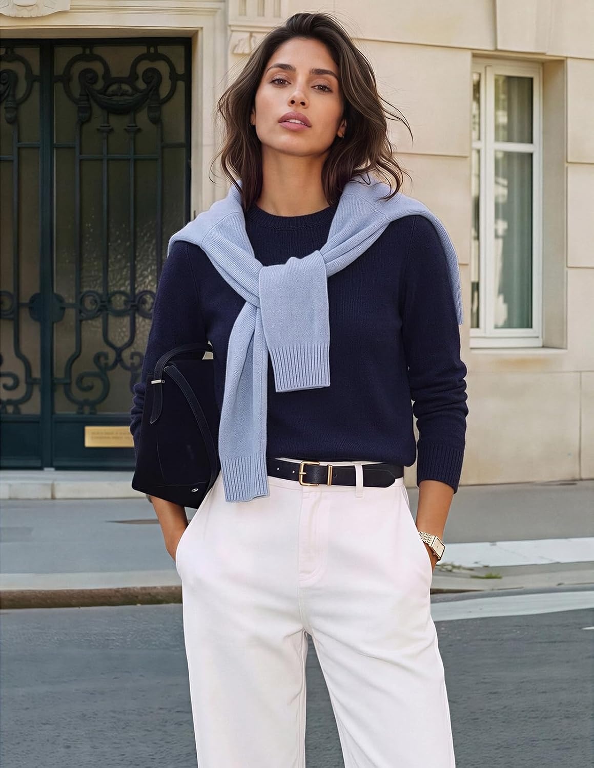 image:imageGRACE KARIN Cashmere Sweaters for Women Crewneck Merino Wool Fall SweaterNavy Blue