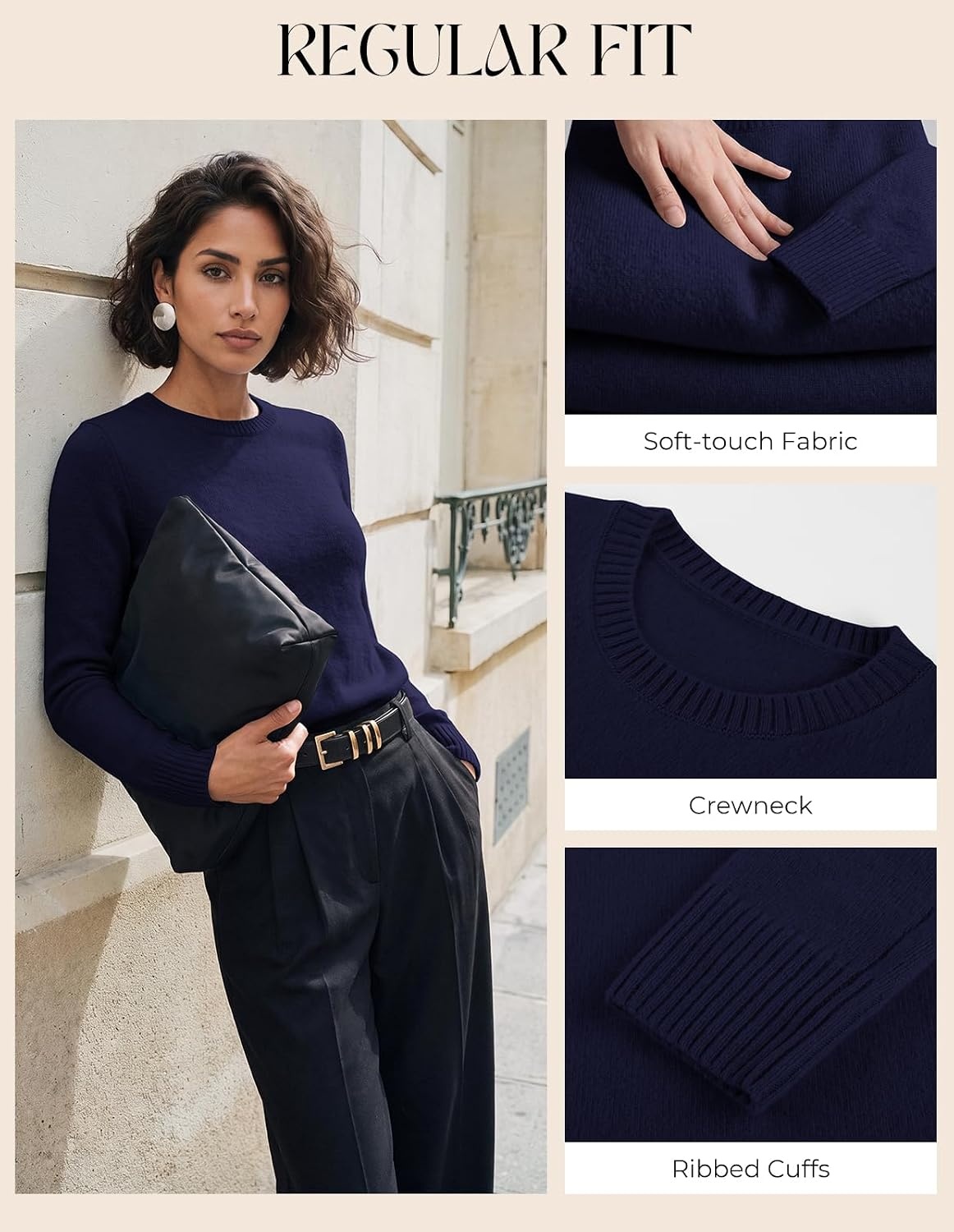 image:imageGRACE KARIN Cashmere Sweaters for Women Crewneck Merino Wool Fall SweaterNavy Blue