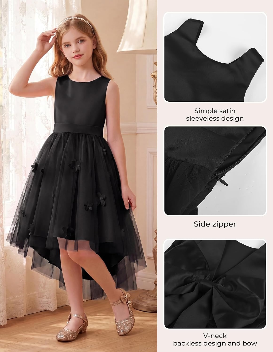 image:imageGRACE KARIN Flower Girl Dreses Satin Wedding Pagegant Formal High Low TulleBlack