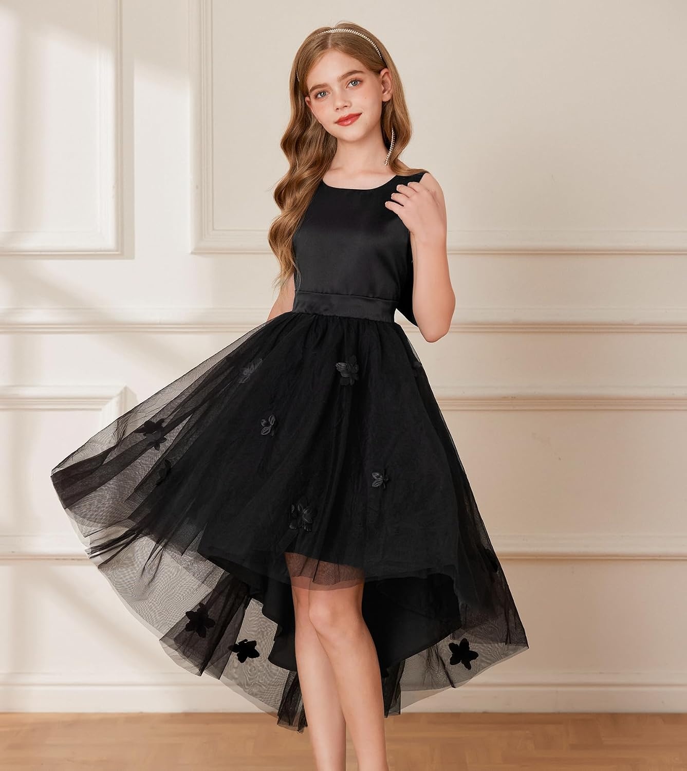 image:imageGRACE KARIN Flower Girl Dreses Satin Wedding Pagegant Formal High Low TulleBlack