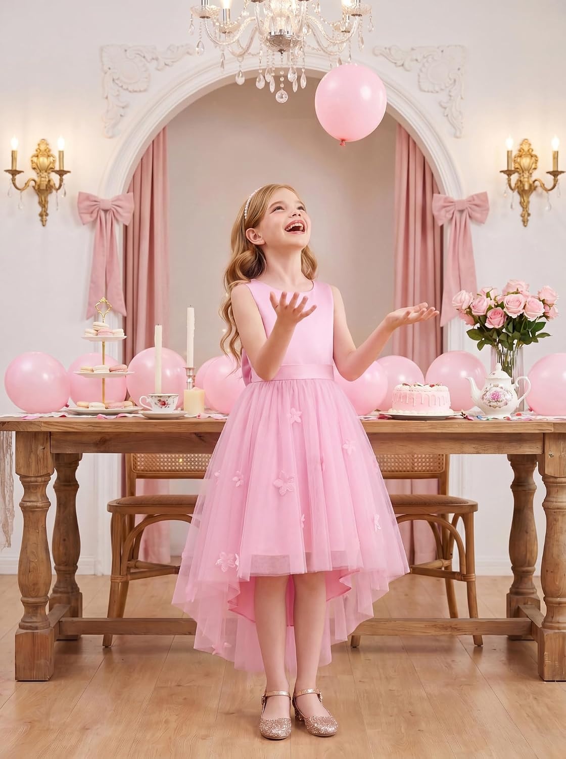 image:imageGRACE KARIN Flower Girl Dreses Satin Wedding Pagegant Formal High Low TullePink