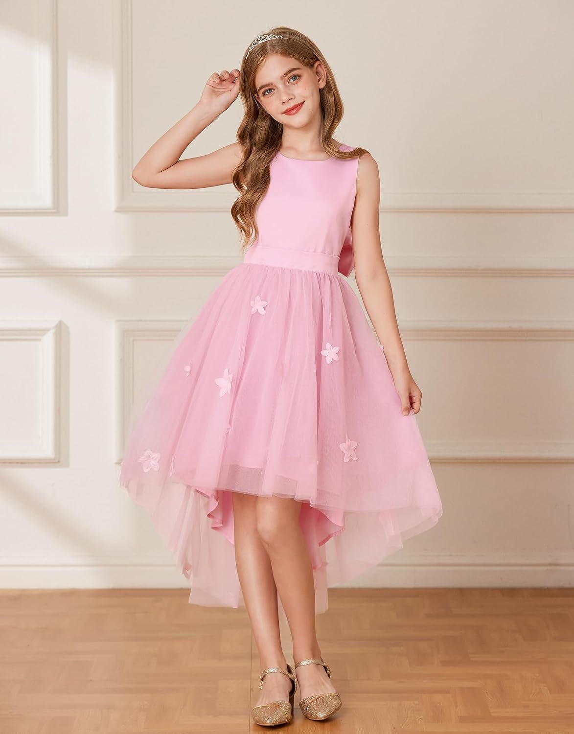 image:imageGRACE KARIN Flower Girl Dreses Satin Wedding Pagegant Formal High Low TullePink